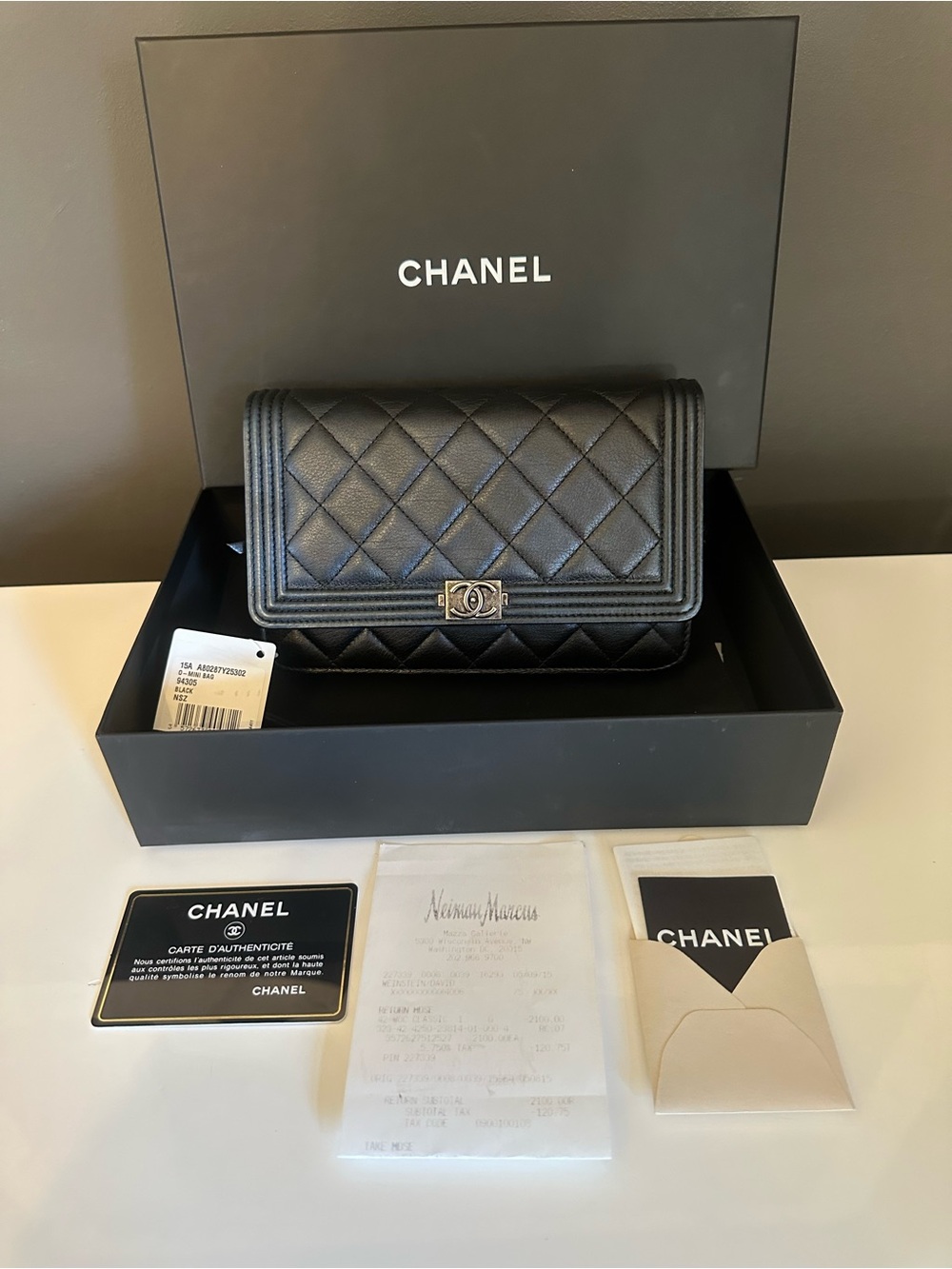 Chanel Boy Wallet on Chain WOC Black Caviar Silver H/W COA Receipt Box 2015-16